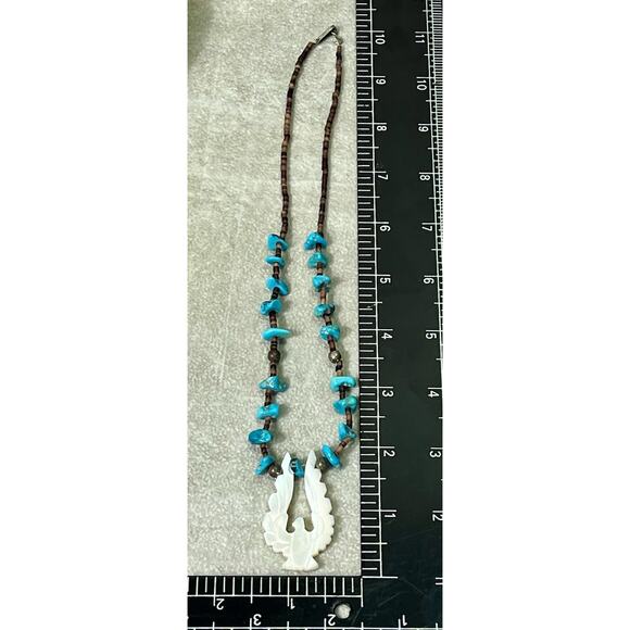 Turquoise Shell & Mother Of Pearl Thunderbird Pendant Nickel Silver Necklace 20” - Picture 12 of 13